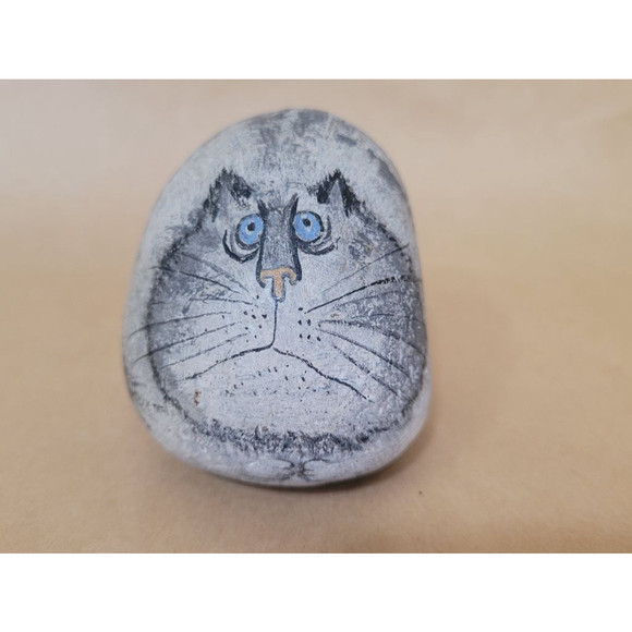 Paperweight Gray Cat Rock Painting by Sally Scott, Lexington, Mass. - Picture 2 of 9
